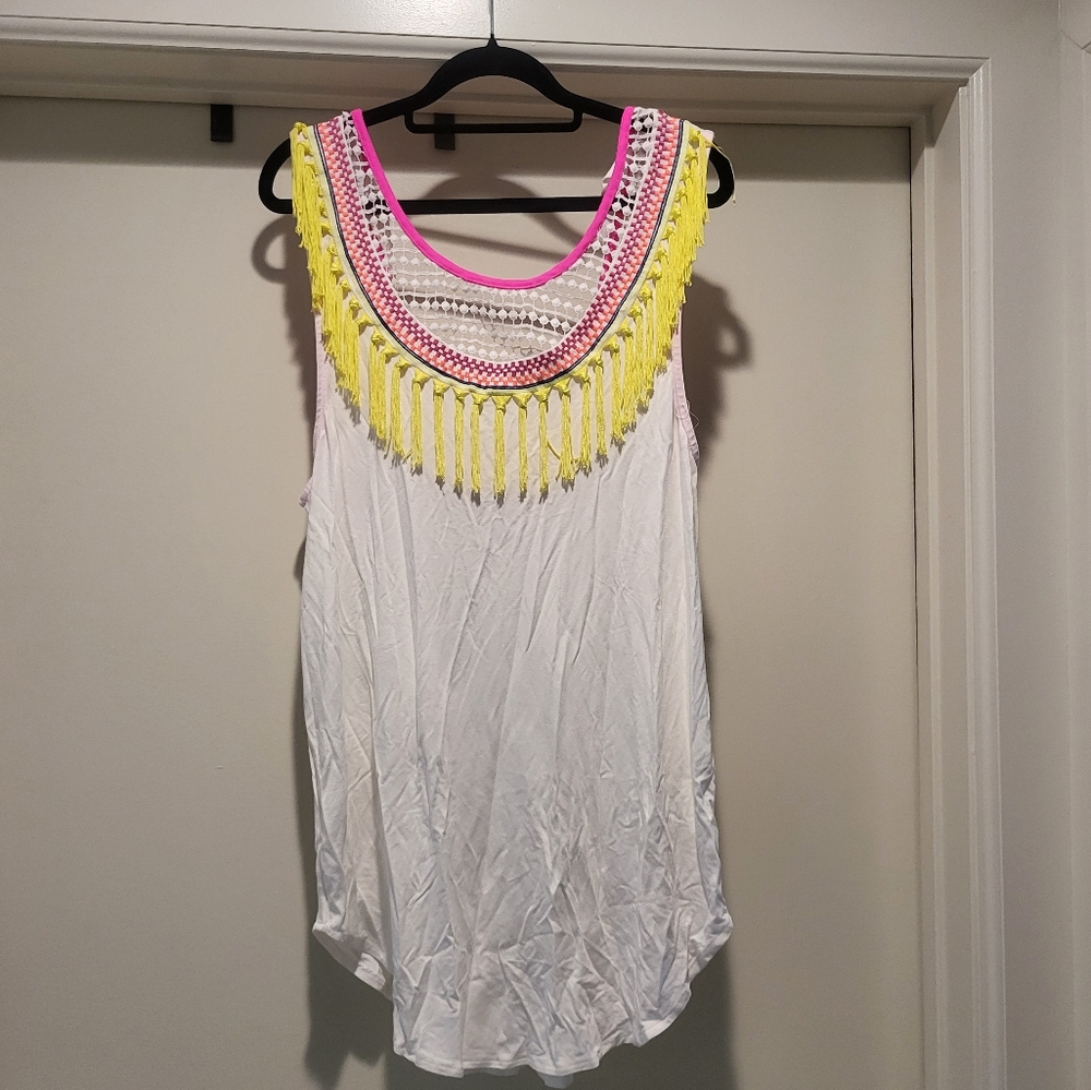 ShoreRoad White Cover-up Mini Dress with Colorful Crochet Neckline
